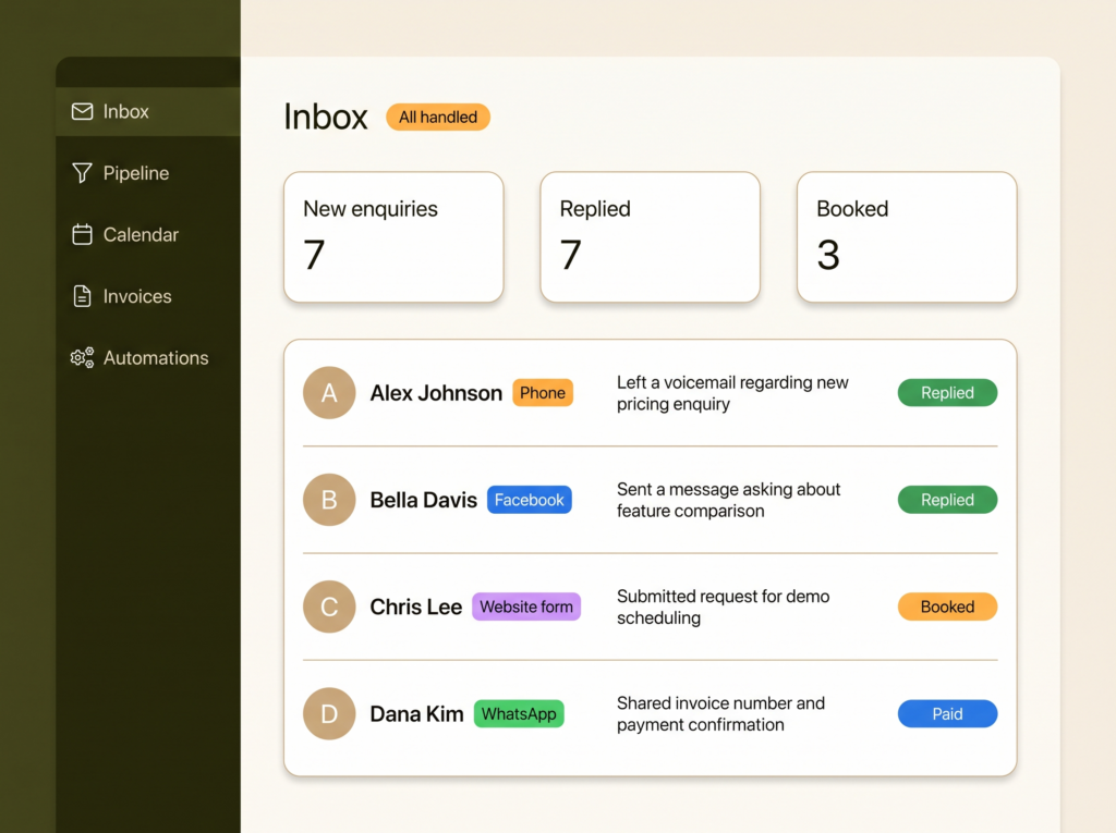 Launchpad inbox: every channel in one list, each enquiry replied to, booked or paid