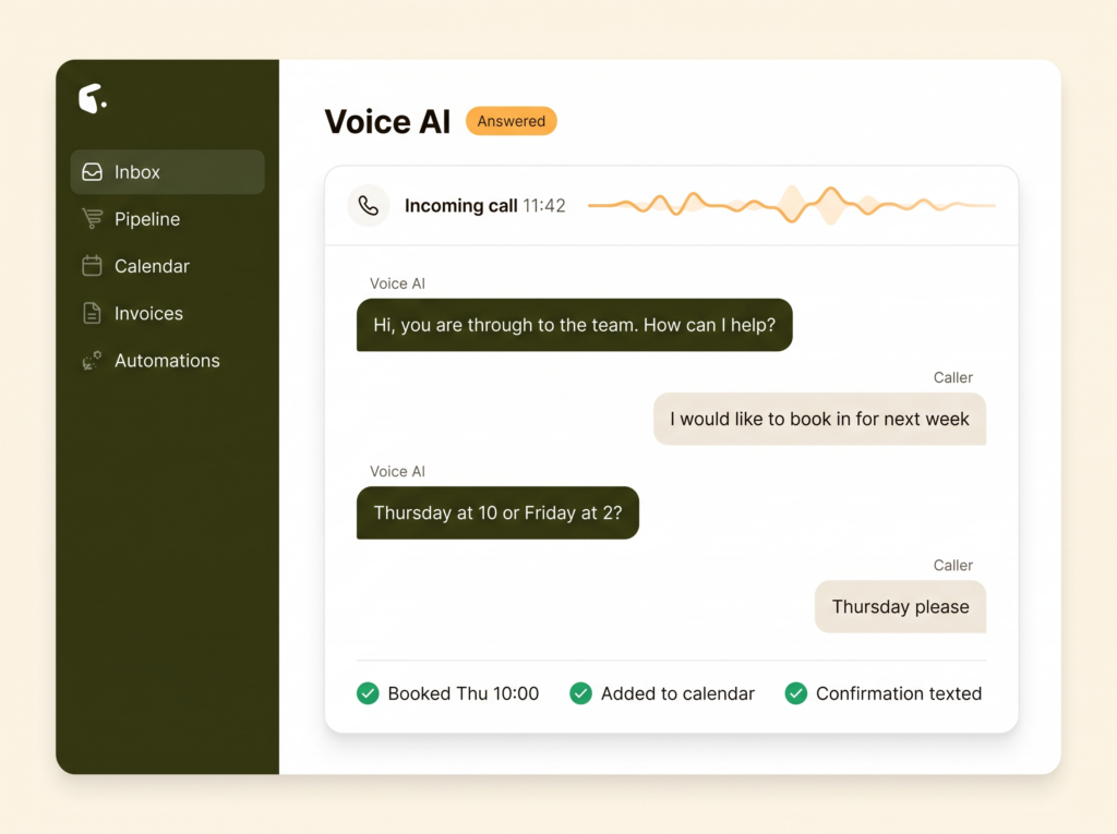 Launchpad Voice AI answering a customer call and booking them in